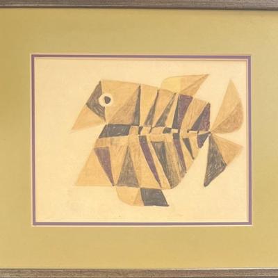 Original Joze Ciuha Abstract Fish Painting In Frame