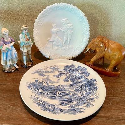 Wood Carved Elephant - Occupied Japan Figurines - Milk Glass Plate - Wedgwood Country Side Plate 