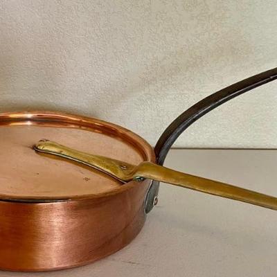 Antique French Heavy Copper Skillet Pot With Lid 