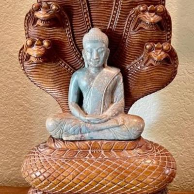 Stunning Ironwood Seated Buddha On Naga Soapstone Buddha With Carved Wood 16 Inches Tall