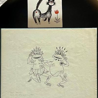 Small Joze Ciuha Original Pen Cat Drawing, Pair Of Frogs Pen Drawing