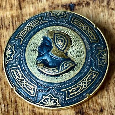 Antique Damascene Gold & Black Spain Conquistador Cameo Style Pin 