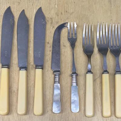 Pair Of Sheffield England Mother Of Pearl Handle Knife And Fork, (6) Celluloid Handle Silver Plate Knives Fork