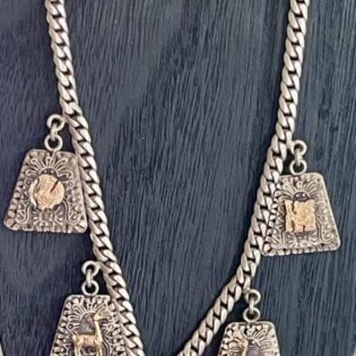 Vintage Sterling Silver & 18K Gold Peru Aztec Pendant 16 Inch Necklace - Total Weight 44.6 Grams
