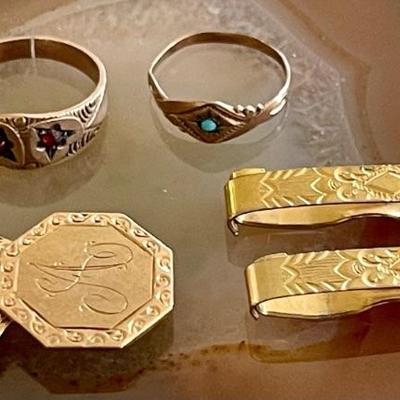 10K Gold Antique Cuff Link - 2 Gold Tone Lingerie Pins & (2) Baby Rings Garnet & Persian Turquoise 