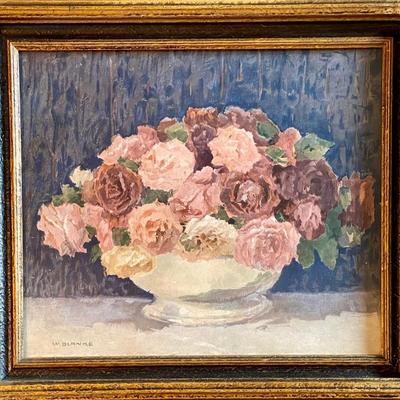 Vintage Wilhelm Blanke Still Life Flower Basket Lithograph Framed 