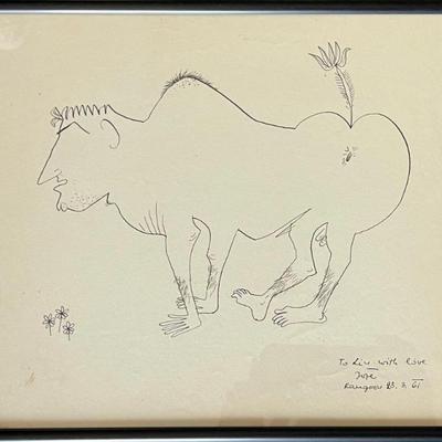 Original Joze Ciuha Pen Sketch 1961 To Linnea With Love In Frame  