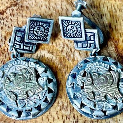 Pair Of 18K Gold & Sterling Silver Aztec Warrior Earrings - Total Weight 14.2 Grams 
