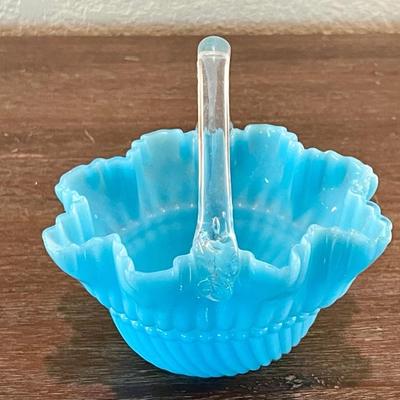 Antique Bohemian Opaque Blue Hand Blown Ribbed Swirl Basket With Applied Clear Handle (as Is)