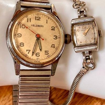 14K Gold Hamilton Ladies Watch W White Gold Filled Band 1948 & Vintage Helzberg Men's Watch With Stretch Band 