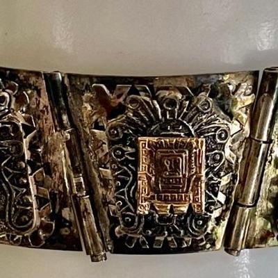 Vintage Sterling Silver & 18K Gold Peru 6.75 Inch Aztec Panel Bracelet - Total Weight 46.3 Grams