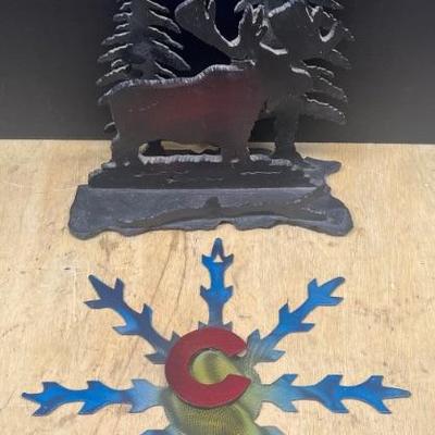  Cut Out Metal - Colorado Snowflake Wall Hanging And Heavy Moose Candle Holder 
