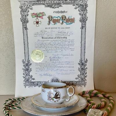 Good Sovereign Grand Lodge Certificate Of Chivalry - Cup & Saucer Set - Silver Tone & Enamel Medals & Bracelet