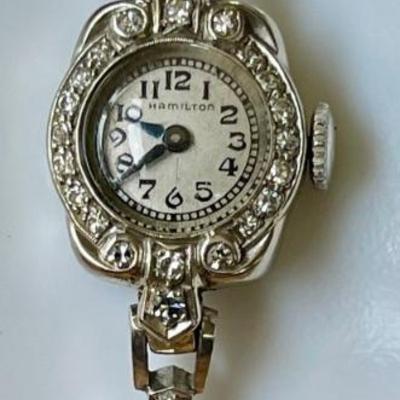 Stunning Antique Hamilton 14K White Gold And Diamond Band Watch With 66 Diamonds On Band And Face