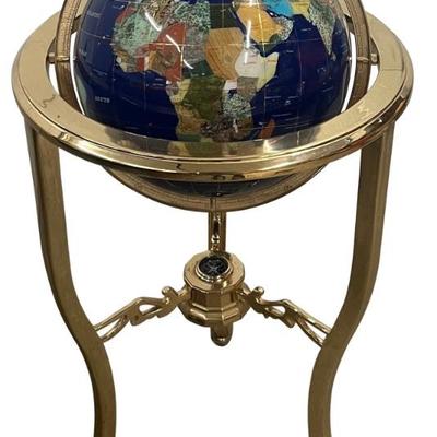 35" Tall Natural Stone World Globe With Brass Stand 