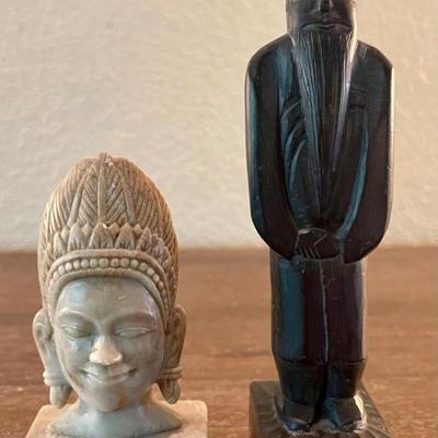 Hand Caved Soapstone Bust Of Brahma & Chinese Stone Carving Man Figurine (as Is) 