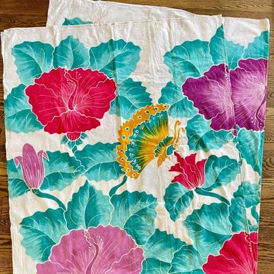 100 Percent Vintage Cotton Hand Painted Natural Dye Batik Bed Cover From Bali 86" X 92" 