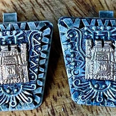 Vintage 18K Gold & Sterling Silver Aztec Warrior Clip On Earrings - Total Weight 11.3 Grams 