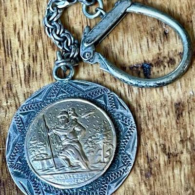 Vintage Sterling Silver & 14K Gold Saint Christopher Medal Key Chain - Total Weight 16.9 Grams 