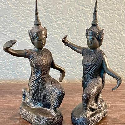 Vintage Pair Of Brass Thai Dancing Figurines Bronze Tone Patina 