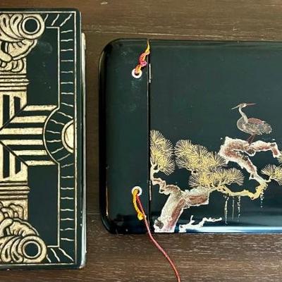Vintage Black Lacquer Japanese Photo Album (as Is) & Wood Book Box W Drawer 