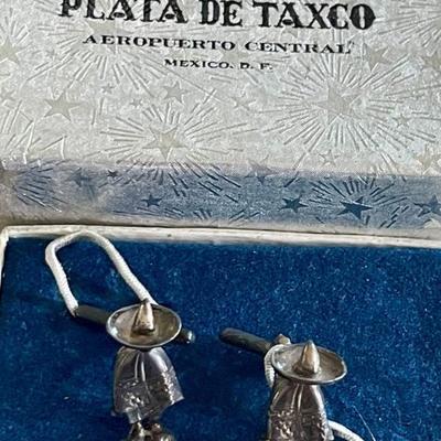 Vintage Plata De Taxco Sterling Silver Serape Cuff Links In Original Box - Total Weight 8.4 Grams