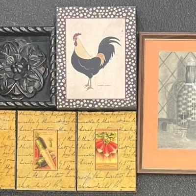 Assorted Small Home Decor Wall Hangings - (3) Vegetables, Charcoal Still Life, Kimble Rooster