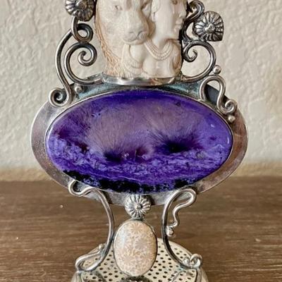 Priyo Salim Silversmith - Sterling Silver Mayan Moon Goddess Figurine - Charoite - Fossilized Coral & Mammoth 
