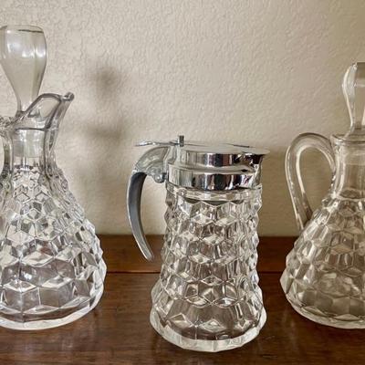 Fostoria American Clear Cubist Syrup Pitcher With Silver Tone Top - Cruet Set With Stoppers 