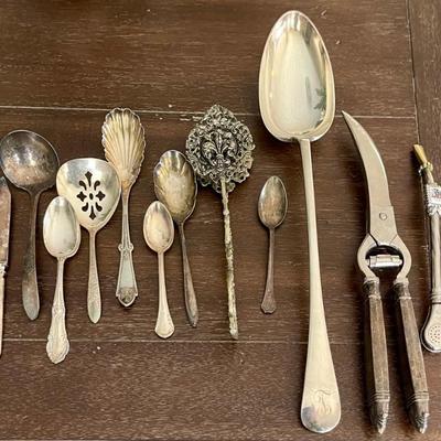 Vintage Silver Plate Serving Pieces - Brass Tongs - Stainless Foot Scissors - Chili Tea Straw - Tomato Server