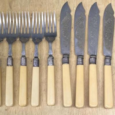 (13) Antique HH&S Silver Plated Celluloid Handled Forks And Knives (as Is)