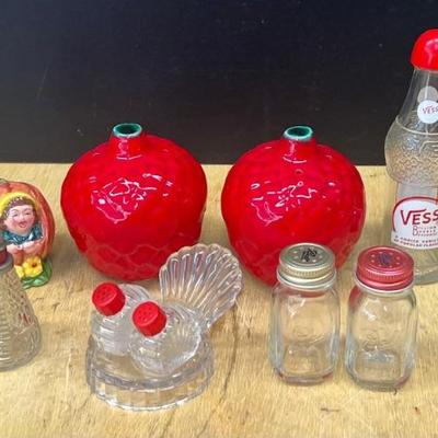 Vintage Collectible Glass And Ceramic Salt And Peppers - Strawberries, Vess Bottles, Ball Jar, And More