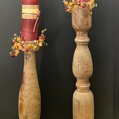 Large Pair Of 33" And 27" Wood And Metal Pillar Candle Holders With Unused Candles 
