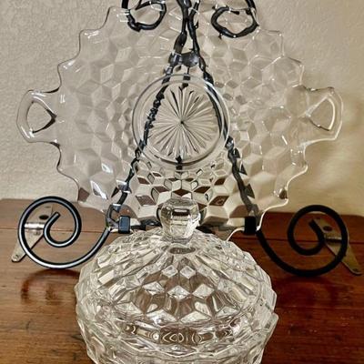  Fostoria  American Clear Cubist Lidded Candy Dish And Handled Serving Tray 