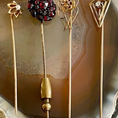 (4) Victorian Stick Pins - Garnet Cluster (2) Diamond (1) Missing Setting 
