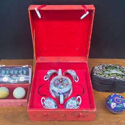 Vintage Porcelain Chinese Tea Set In Original Box (as Is), Cloisonne Apple Dish, Carved Stone Health Balls