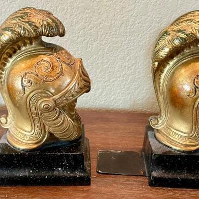 Pair Of Vintage 60's Italian Borghese Book Ends Gilt Roman Galea Helmets With Ceramic Painted Bases 