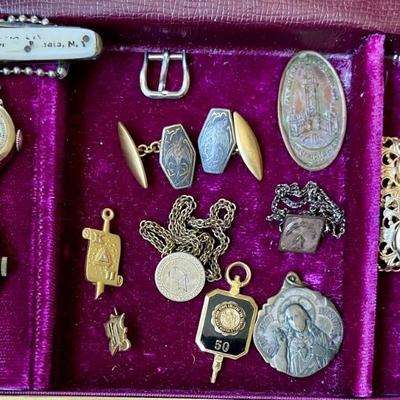 Vintage Jewelry  Box With Rolled Gold 10K Watch - Antique Gold Tone Cuff Links - Watch Chains - Shoes Buckles