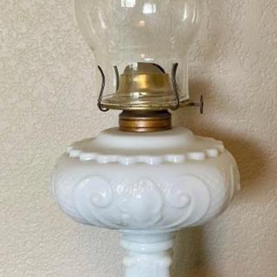 Gorgeous Antique P & A Westbury Connecticut Milk Glass Oil Lamp With Clear Chimney