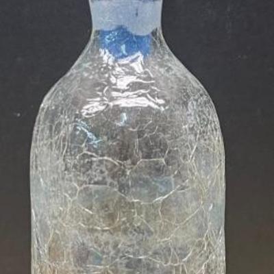 Vintage Hand Blown Crackle Art Glass Blue And Clear Decanter With Stopper