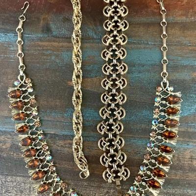 Vintage Aurora Borealis 17 Inch Necklace - Trifari Gold Tone 8 " Bracelet & Gold Tone 7 Inch Link Bracelet 