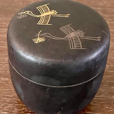 Vintage Black Lacquer Japan Bird Motif Lidded Box 