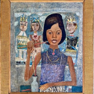 Original Joze Ciuha 60's Oil On Cloth In Wood And Burlap Frame (as Is)