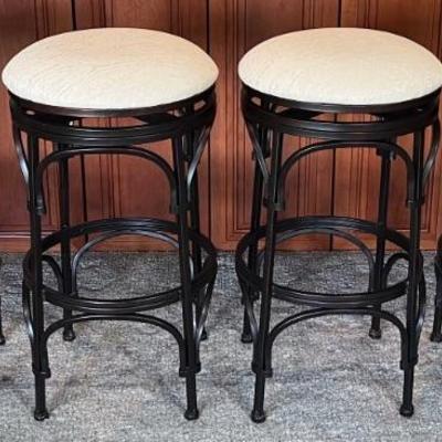 Set Of (4) White Material Padded Swivel 30" Bar Stools