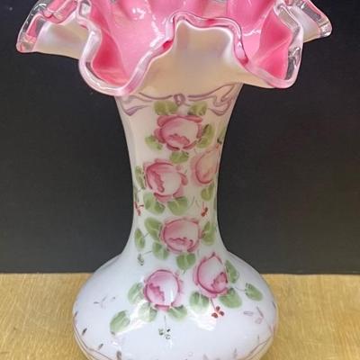 Fenton Pink Cased Glass 8 Ruffled Rose Vase