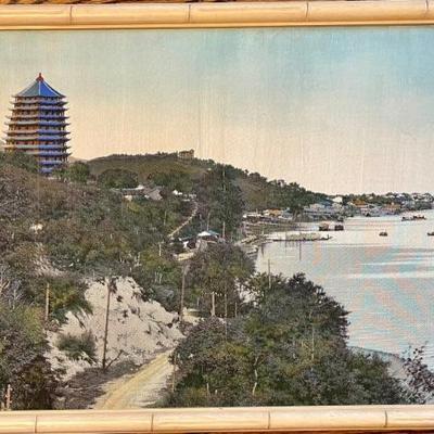 Vintage Chinese Silk Embroidered Panoramic River View With Bamboo Frame 