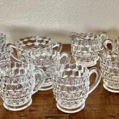  Fostoria American Clear Cubist (2) Different Size Creamer & Sugar Sets With 3 Additional Creamers 