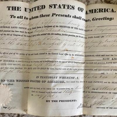 Authentic 1937 Land Deed Signed By Martin Van Buren With Seal 