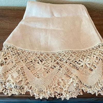Antique Ecru 60 Inch Hand Tatted Lace Table Cloth 
