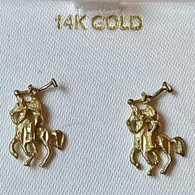 14K Gold Polo Pony Post Earrings In Original Box - Total Weight 1.3 Grams 